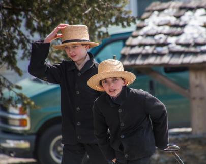 Amish Boys with a Wagon