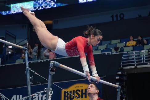 Red Gymnast Bars 2024 SEC