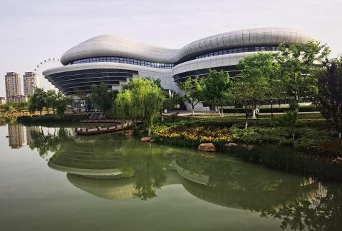 The teaching building by the lake