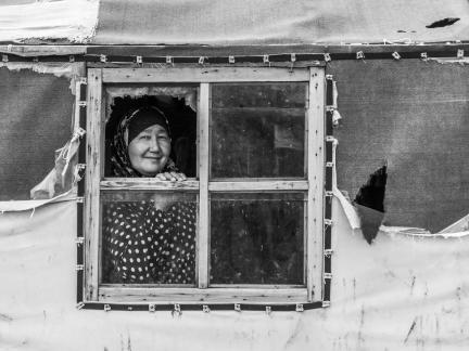 SMILING WOMAN AT THE WINDOW